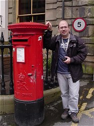 JC with Royal Mail mailbox. Mr. Bean wasn't in it.